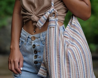 Striped Linen Hobo Bag: Boho Cotton Crossbody