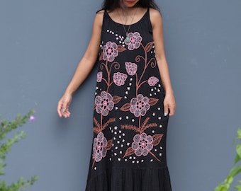 Hand Embroidered Black Cotton Maxi Dress: Boho Gauze Sundress
