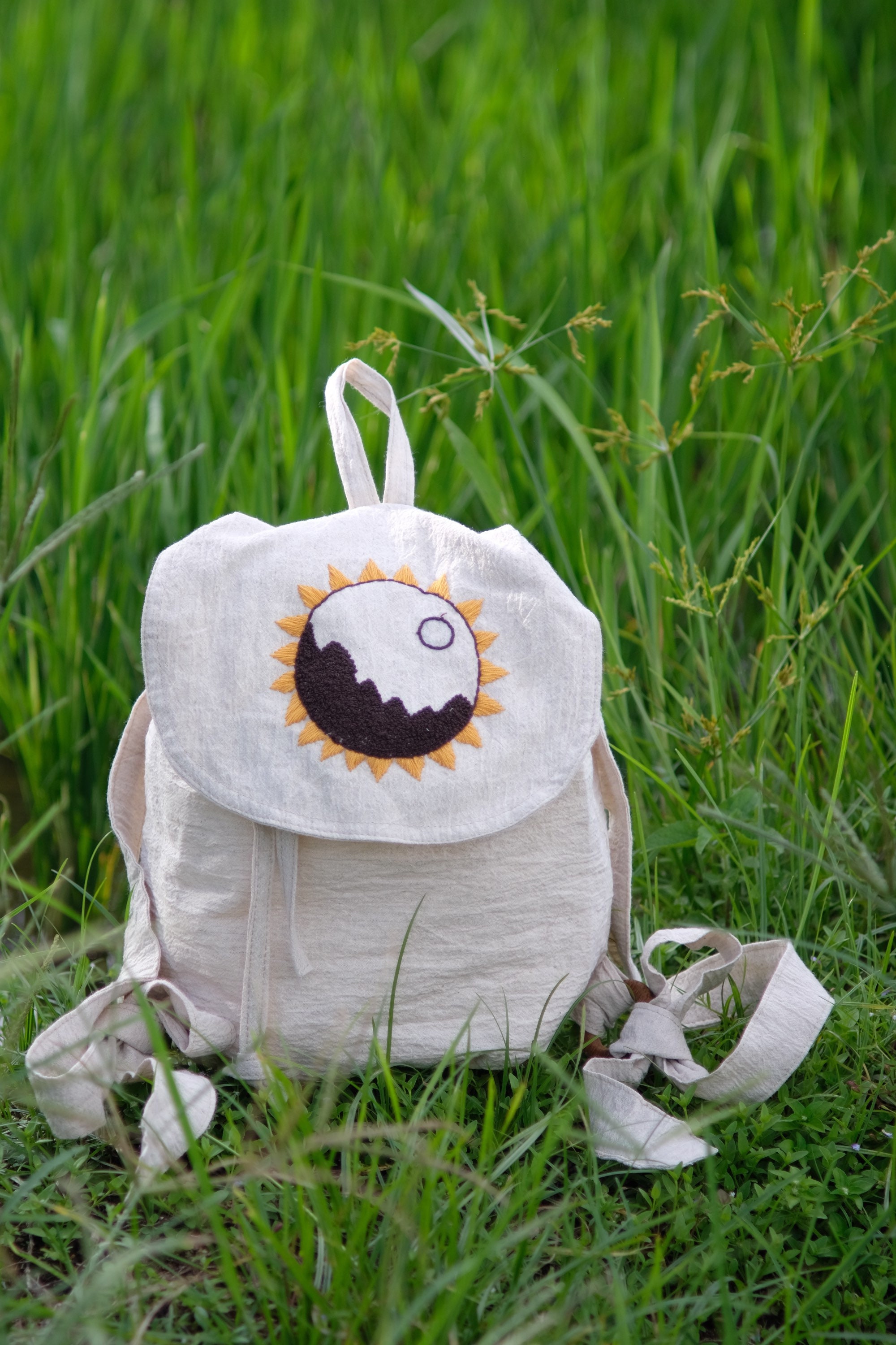 Hand-embroidered Linen Backpack: Boho Sun & Mountain Design  display picture 3