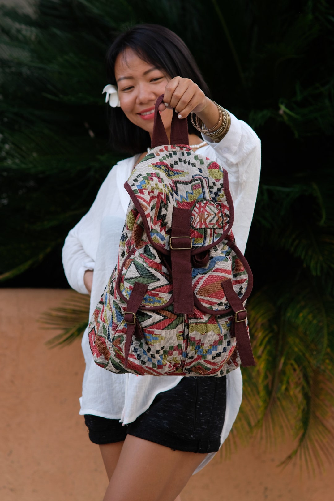 Travel Bags Cotton And Linen Handwoven Canvas Boho Backpack - :[ Boho Backpack/ethnic Linen Backpack/hippie Bag/folk Backpack  main image 2