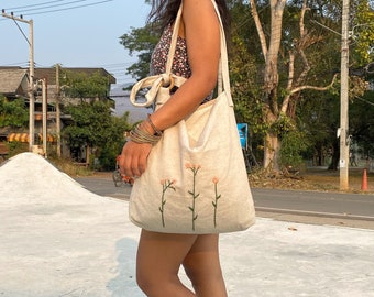 Handmade Linen Hobo Bag: Embroidered Floral Crossbody Bag
