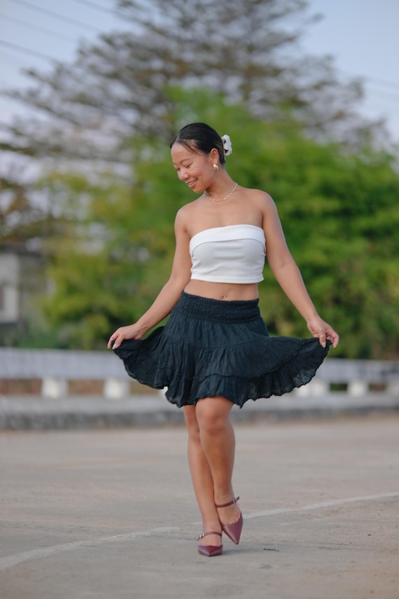 Minigonna Boho: garza di cotone arricciata, elastico in vita