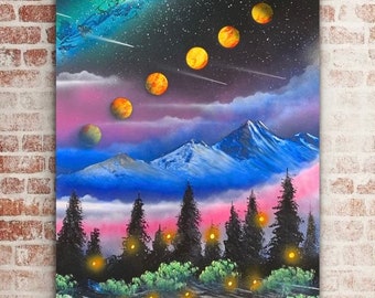 Sky Full of Moons Spray Paint Art / Spray Paint Art/ Moon Painting/ Nature Art/ Landscape Painting/ Moon/ Witchy Art/ Nature/ Gift For Her