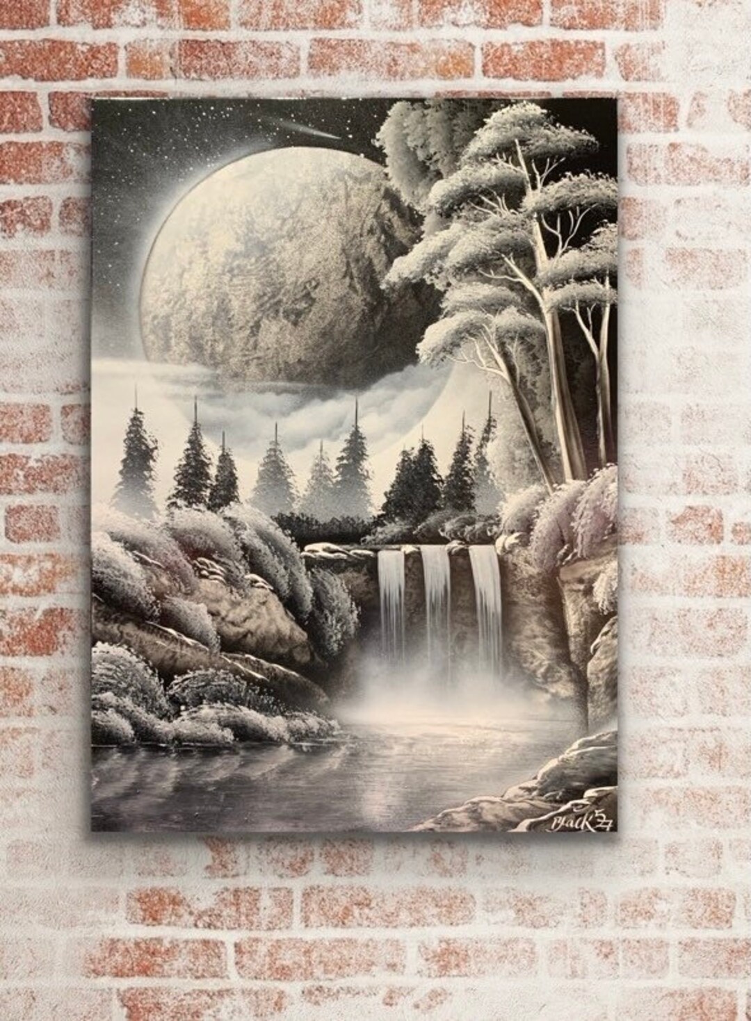 B&W Nature Spray Painting/ Spray Paint Art/ Black and White Decor