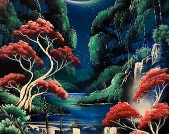May include: A painting of a moonlit forest scene with a waterfall and red trees. The sky is dark blue with stars and the moon is a crescent shape. The water is a deep blue and the trees are a vibrant green and red.