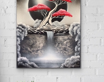 May include: A black and white painting of a waterfall cascading down a cliff with a red and white tree in the background. The tree is silhouetted against a large, dark moon.