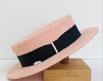 Pink Tweed Boater Hat