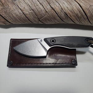 May include: A small, silver knife with a black and grey handle. The knife is in a brown leather sheath.