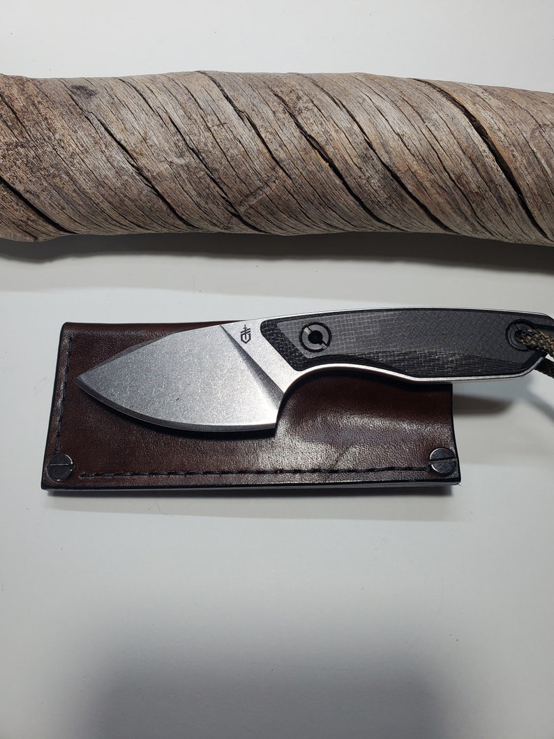 May include: A small, silver knife with a black and grey handle. The knife is in a brown leather sheath.