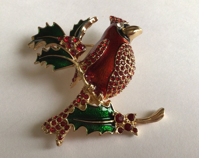 Roman Crystal Cardinal Story Lapel Pin - Christmas Jewelry With Rhinestones & Gold Trim, Gift Box Included