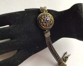 Ginger Snap vintage silver tone toggle clasp Bracelet.Bronze color.Blue Crystal.Excellent Vintage Condition.