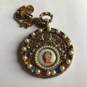 Vintage Limoges Made in France Female Figural pocket Watch Necklace.Porcelain with Austria Crystal.Original chain.Excellent Vintage Cond.