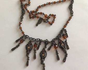 Vintage Bronze Necklace: Orange Swarovski Crystal, 1990s Sweet Romance