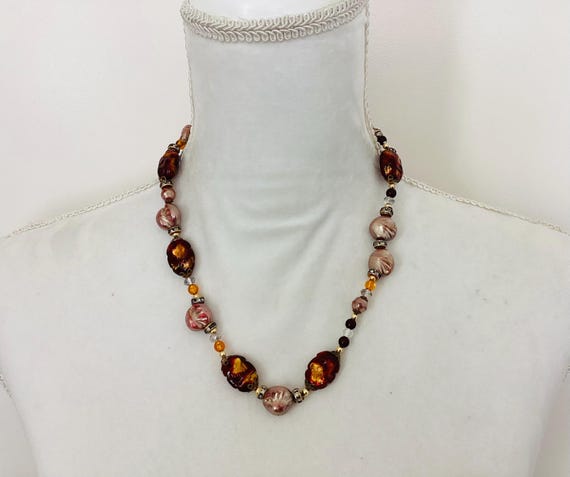 Vintage Art Glass Bead Necklace: Autumn Colors, 1960s Jewelry