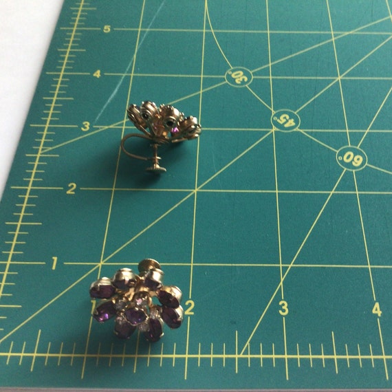 Coro Vintage Earrings.Gold tone Purple and Clear … - image 6