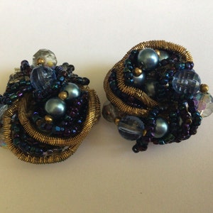 Miriam Haskell Antique Clip on Earrings.Gold tone.Blue Beads and Pearl.Made in 1945.Excellent Vintage Condition.