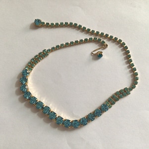 Vintage Necklace Choker.Gold tone.Rhinestone Blue Austria Crystal.