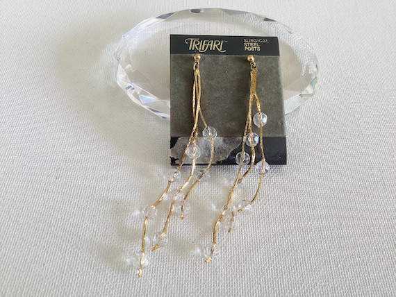 Vintage 1980s Trifari Surgical Steel Post Earrings.Gold plated,Clear Crystal
