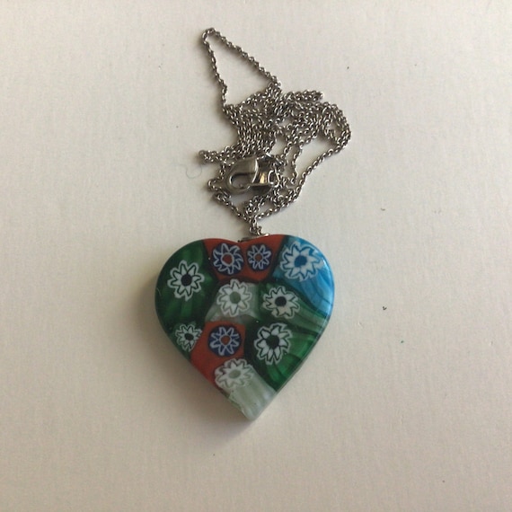 Millefiori Glass Heart Pendant Necklace: Murano Style Lampwork