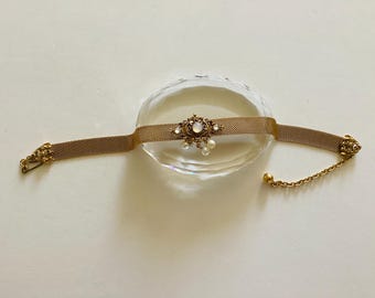 Vintage Goldette Mesh Rhinestone Faux Pearls Choker /Necklace