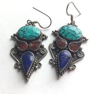 Tibetan silver Earrings with Coral, Turquoise and Lapis.925 silver. Excellent Vintage condition.