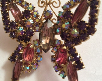 Vintage Juliana Butterfly Brooch. Gold tone. Rhinestone Purple and Pink Crystals.Aurora Borealis Crystal.