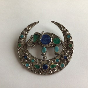 Rare Elephant Crescent Moon Brooch Pin Vintage Signed ART Moghul Jewelry