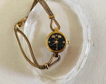 Black Hills Ladies Gold Quartz Gold Tone Case 12k Leaves,New battery