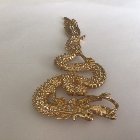 Vintage Brooch/Pendant .Large Gold tone Dragon.Rh… - image 3