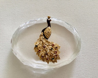 Vintage Vergoldete Pfau Brosche: Strass Kristall Emaille