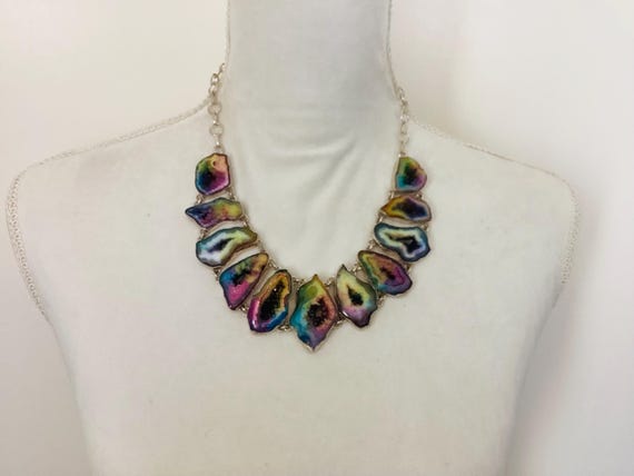 Rainbow Solar Quartz Druzy Gemstone Silver Plated Necklace Bohemian Jewelry