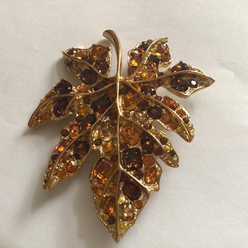 K.J.L. Vintage Brooch.Gold plated leaf.Rhinestone shops Orange,Yellow Crystal.