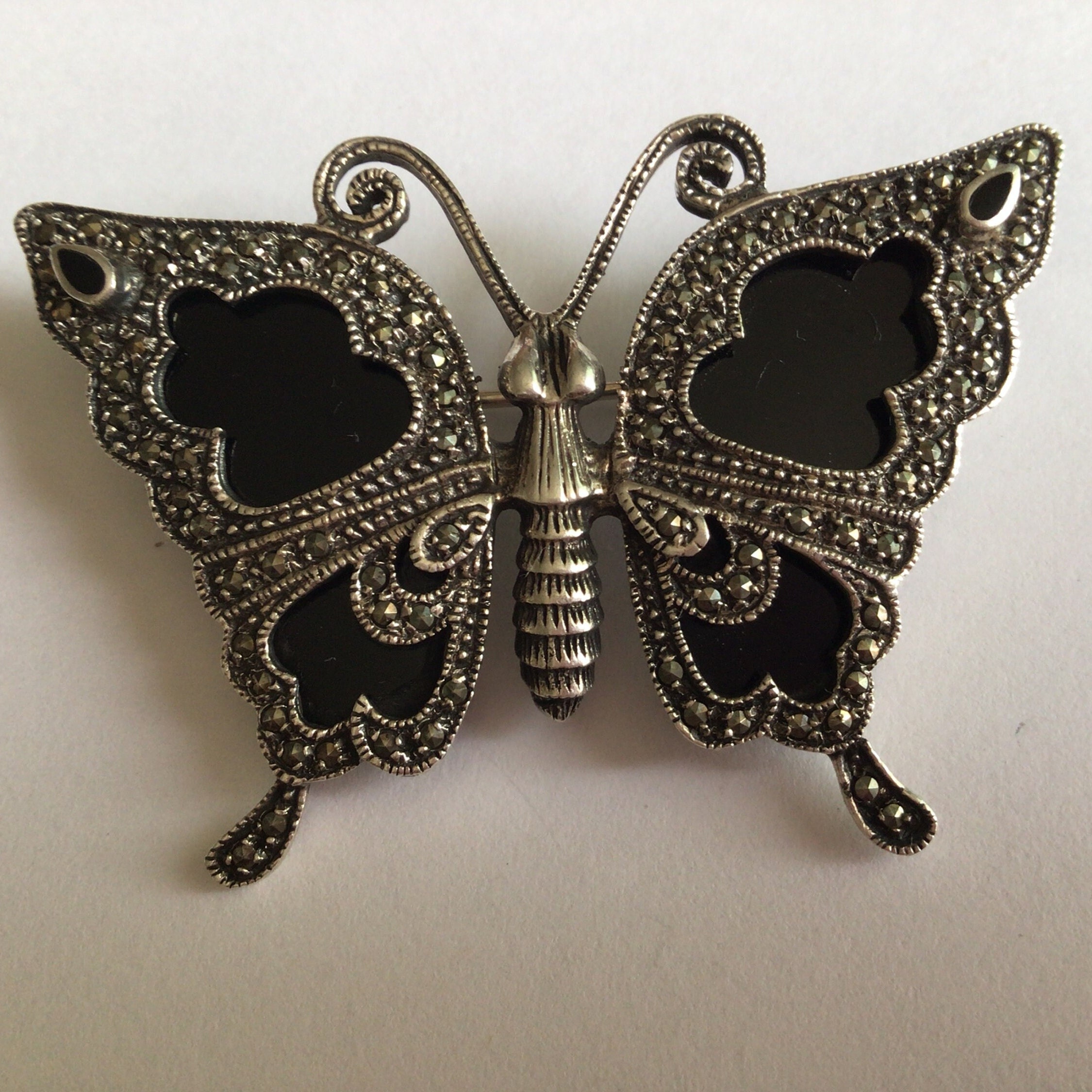 Sterling Silver & Marcasite Butterfly Brooch, 925 Vintage Style Pin 