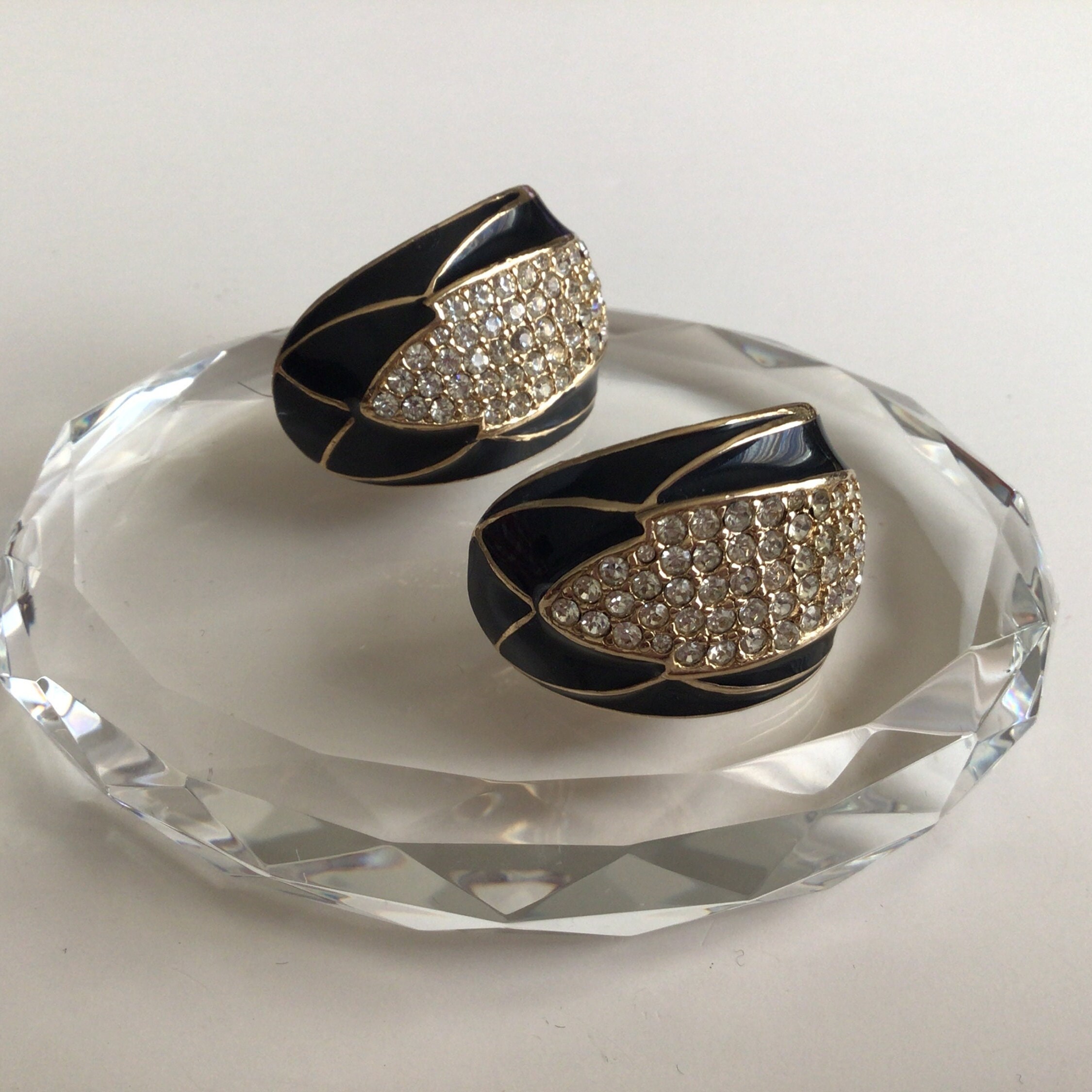 Vintage Ciner Gold Plated Pave Crystal Black Enamel Clip