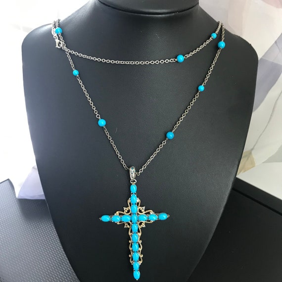Vintage 925 silver Turquoise Cross Necklace.Leigh… - image 1