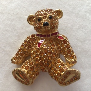 Swarovski Vintage Brooch.Logo Swan.Teddy bear.Gold plated Rhinestone Swarovski Crystal.