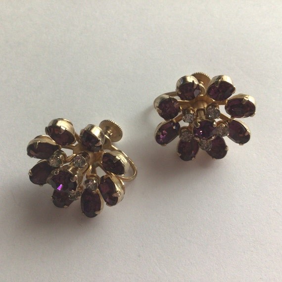 Coro Vintage Earrings.Gold tone Purple and Clear … - image 1