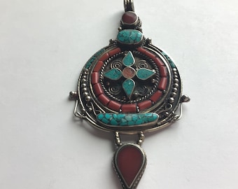 Vintage Tibetan Silver Pendant: Coral & Turquoise .925 Silver