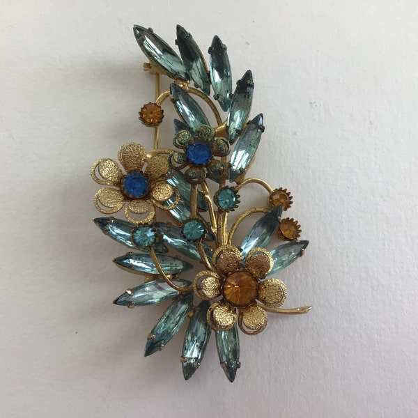 Miriam Haskell Vintage Brooch.Floral leaf brooch.Prong set rhinestones.Antique Gold plated flowers.