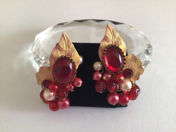 Ruby Red Glass Bead Clip On Earrings: Floral Gold… - image 1
