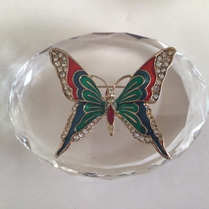 Butterfly Brooch Pin Red Green Blue Color Enamel Red White Rhinestone Metal VTG.