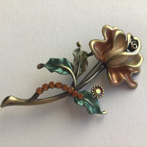 Vintage Brooch Gorgeous Rose with Caterpillar.Hand panting, rhinestones Swarovski crystal.