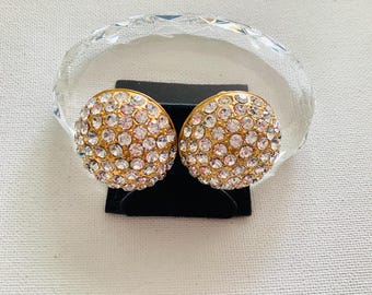Vintage 1980’s Large Rhinestone Swarovski Crystal Gold TonenDome Clip Earrings