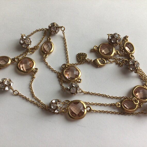 Stella and Dot Long Station Necklace Gold Tone Clear and Rose