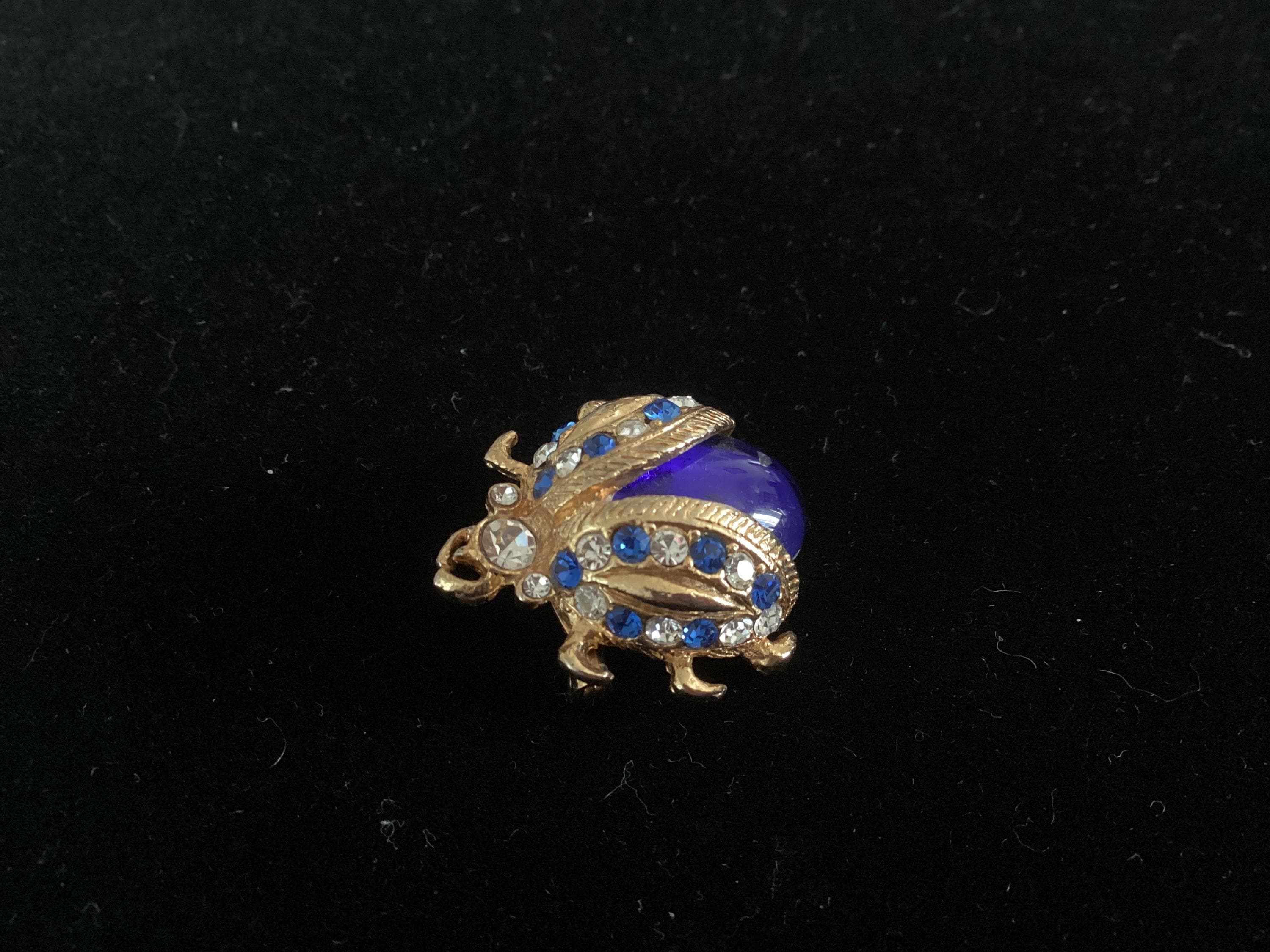 Broche Vintage Coccinelle Bleue Avec Strass - Bijou Fantaisie Rétro