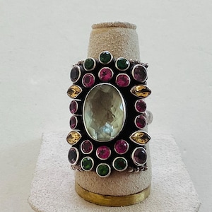 Vintage Nicky Butler 925 Sterling Silver Multi Gemstone Ring.Prasiolite ,Amethyst,Citrine Ring Size 8 3/4