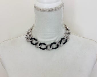 Vintage Brighton Interlock vävd halsband silver- och svart strasslänkhalsband