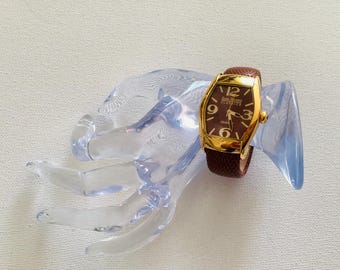 Vintage Joan Rivers Watch: Gold & Burgundy Cuff, Leather Band