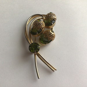 Vintage Sarah Coventry Brooch: Olive Green Rhinestone Designer Jewelry