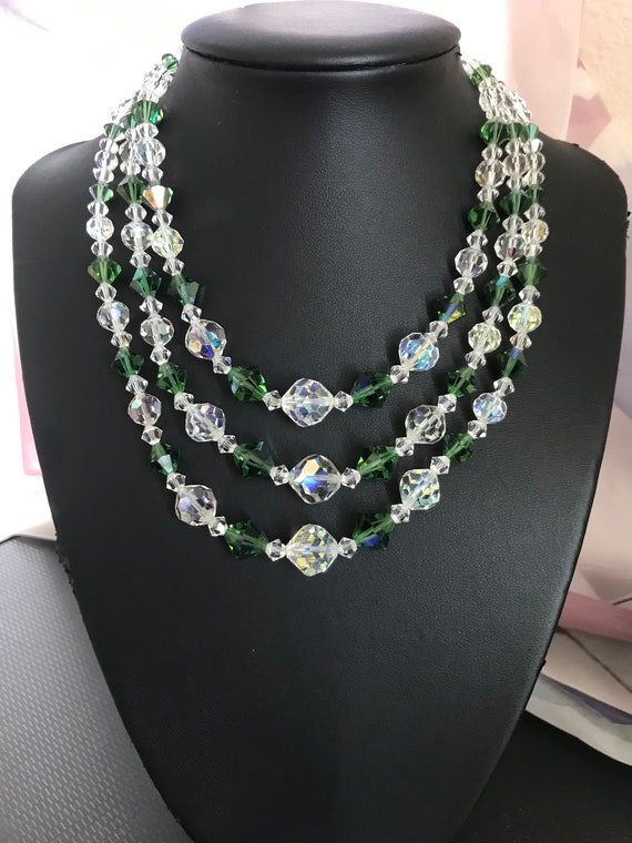 Antique Czech Crystal Beads Necklace. Green and Wh